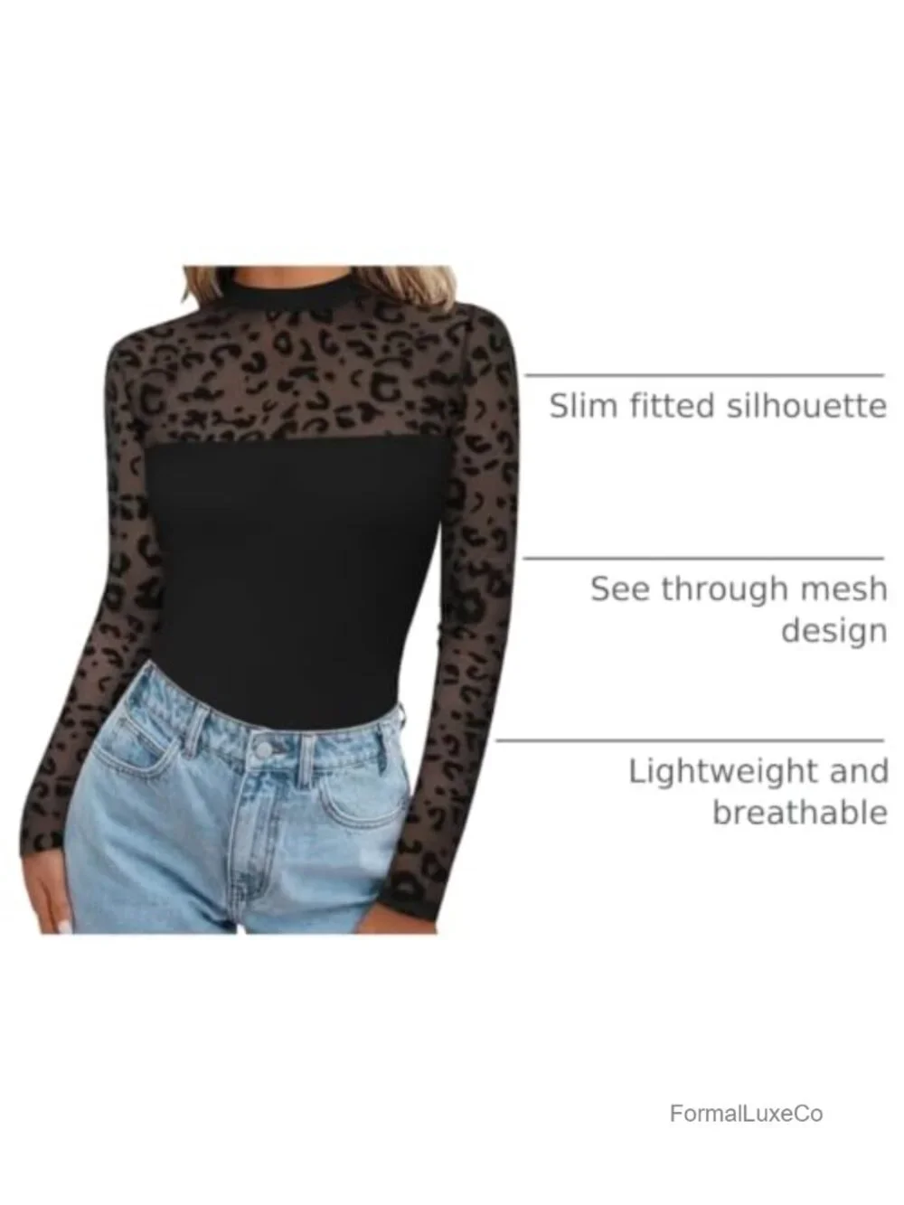 Women's Long Sleeve Mesh Lace Top Sheer Blouse Crew Neck Stretchy